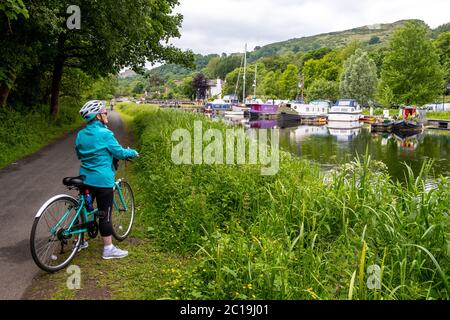 Radfahrer im Bowling Basis Harbor, Forth & Clyde Canal, Bowling, West Dunbartonshire, Schottland, Großbritannien Stockfoto