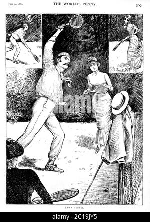 Rasentennis, 1884 Zeitschrift Illustration der neuen Sportart, die von Männern und Frauen auf den gepflegten Rasen Englands sozial gespielt wird Stockfoto