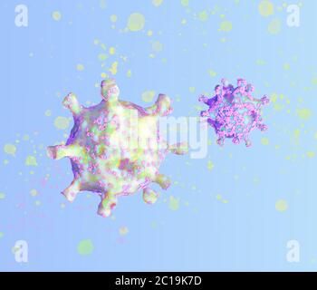 Helle, lauernde, schöne Coronavirus-Zellen auf blauem Hintergrund. COVID-19 Konzept. 3d-Illustration Stockfoto