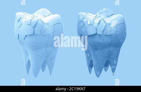 Gebrochene Backenzähne Zahn und ganzer Zahn isoliert auf blauem Hintergrund. 3d-Illustration Stockfoto
