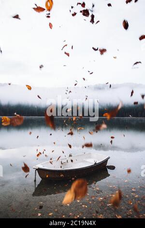 Herbsttapete, kreative Ansicht eines Bootes auf See mit Blättern Im Vordergrund und im Hintergrund Stockfoto