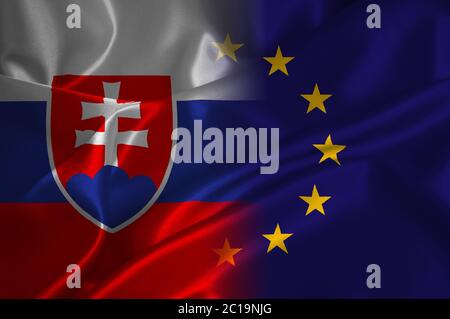 EU-Flagge und Slowakei-Flagge auf Satin-Struktur Stockfoto