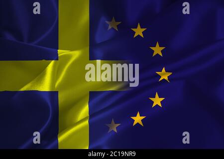 EU-Flagge und Schweden Flagge auf Satin-Struktur Stockfoto