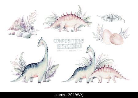 Cute Cartoon Baby Dinosaurier Kollektion Aquarell Illustration, Hand bemalt Dino isoliert auf einem weißen Hintergrund für Kindergarten Poster Dekoration. Rex Stockfoto