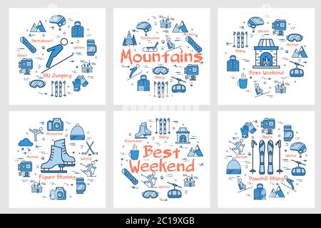 Vector sechs runde Banner Winter und sportliche Aktivität Stock Vektor