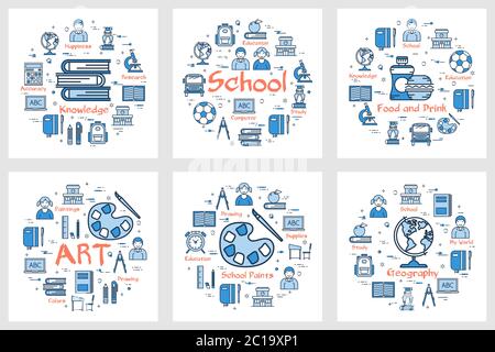 Satz von blauen Schule Banner mit Linien-Symbole Stock Vektor