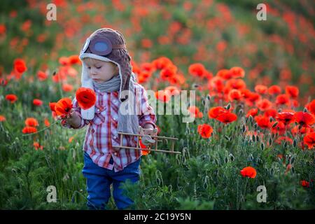 Sweet Kleinkind Baby Junge, Kind spielt mit Flugzeug in Mohn fiead, schönen sonnigen Sommertag Stockfoto