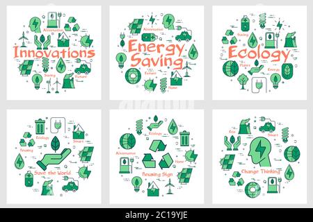 Sechs Banner - Innovationen, Energiesparen, Ökologie Stock Vektor