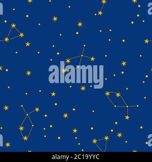 Sternennacht nahtloses Muster mit Sternen und Sternbildern. Farbenfrohes Design für Drucke auf Papier, Stoff und Kleidung. Vektor-Illustration in niedlich Stock Vektor