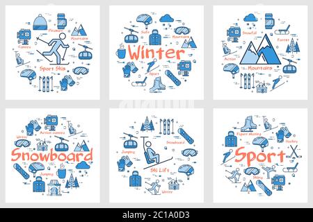 Sechs blaue Wintersport- oder enteirtaiment-Konzepte Stock Vektor