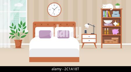 Schlafzimmer innen. Vektorgrafik. Design eines gemütlichen Zimmer mit Doppelbett, Nachttisch, Fenster, Bücherregal und Dekor-Accessoires. Möbel für Zuhause. Stock Vektor