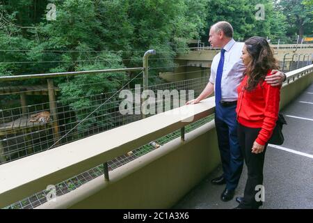 Dudley, West Midlands, Großbritannien. Juni 2020. Marco Longhi, konservativer Abgeordneter von Dudley North, ist einer der ersten Besucher mit seiner Frau Andrea, da Dudley Zoo zum ersten Mal seit der UK-Sperre seine Türen öffnet, mit einem verwalteten Aufnahme und vollen Sicherheitsangeln. Kredit: Peter Lopeman/Alamy Live Nachrichten Stockfoto