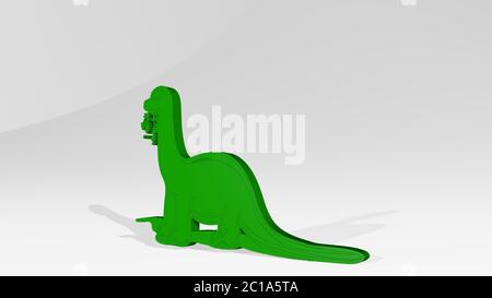 Dinosaurier an der Wand. 3D-Illustration von metallischen Skulptur auf einem weißen Hintergrund mit milder Textur. Isoliert und Kunst Stockfoto