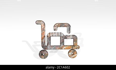 LAGERWAGEN PAKETE aus einer Perspektive an der Wand. Eine dicke Skulptur aus metallischen Materialien von 3D-Rendering. Online und kommerziell Stockfoto