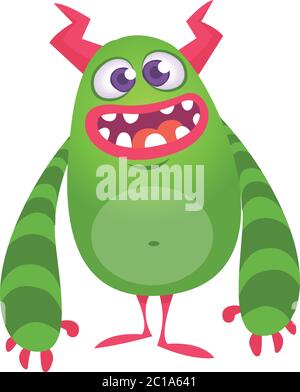 Happy cool Cartoon Fett Monster. Grün und gehörnte Vektor Monster Charakter Stock Vektor