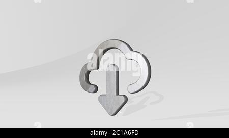 Cloud Download gemacht durch 3D-Illustration einer glänzenden Metallic-Skulptur an einer Wand mit hellem Hintergrund. Flach und Ikone Stockfoto