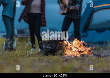 Brennendes Holz in der Nacht. Lagerfeuer in der Natur in den Bergen. Flamme und Feuerfunken. Abstrakter Hintergrund. Stockfoto