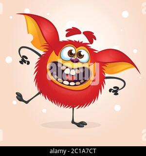 Happy Red Cartoon Monster tanzen. Halloween Vektor Illustration von Rad pelzigen Monster Charakter Stock Vektor