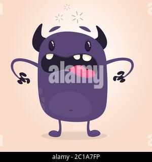 Wütend Cartoon schwarz Monster schreien. Brüllender, wütender Monsterausdruck. Große Sammlung von niedlichen Monster für Halloween. Vektorgrafik. Stock Vektor