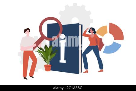 Guide Buch Suche nach Informationen. Männer und Frauen auf der Suche nach Guide-Informationen mit großen Büchern mit flachen Cartoon-Stil Stock Vektor