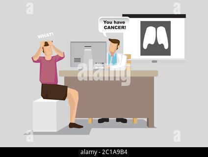 Patient schockiert, dass er mit Lungenkrebs während der Arztkonsultation diagnostiziert wird. Vektor-Cartoon-Illustration über das Konzept der Gesundheitsversorgung auf Krebs. Stock Vektor