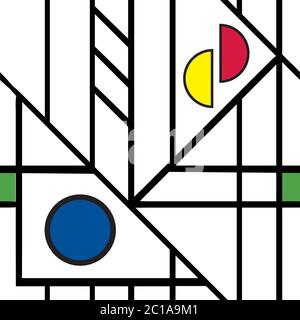 Abstrakt Mondrian Stil nahtlose Vektor-Muster Hintergrund. Fun bunte Bauhaus geometrische Diagonale Gitter auf weißem Hintergrund Streifen, Linien und Kreis Stock Vektor