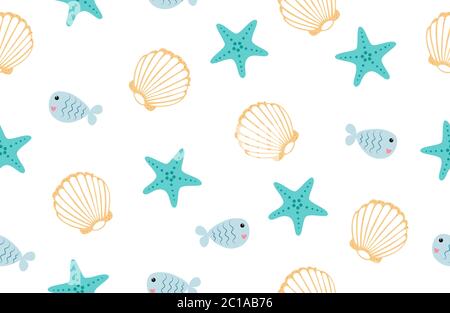 Nahtloses Muster mit Muscheln und Fischbestand Vektorgrafik Stock Vektor