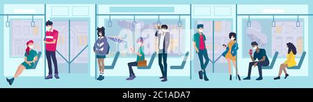 Vektor einer Gruppe von Menschen stehen und sitzen in der U-Bahn-Bus in schützenden Gesichtsmasken Stock Vektor