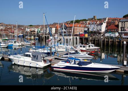 Ausflugsboote in The Old Harbour, Scarborough, North Yorkshire, England, Vereinigtes Königreich, Europa Stockfoto