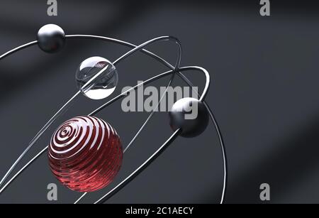 Nahaufnahme eines Atom-Molekülmodells auf dunklem Hintergrund - 3D-Illustration Stockfoto