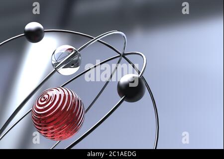 Nahaufnahme eines Atom-Molekülmodells auf hellem Hintergrund - 3D-Illustration Stockfoto