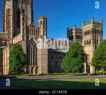 Frühmorgendliche Ansicht der Durham Kathedrale im Sommer von Palace Green, Durham City, Grafschaft Durham, england, Vereinigtes Königreich Stockfoto