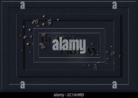 Schwarzer Freitagstext mit schwarzen Buchstaben auf schwarzem Hintergrund mit Rahmen und goldenem Konfetti, horizontalem Banner, Designvorlage. Kopierbereich, kreativer Hintergrund. 3D-Illustration Stockfoto