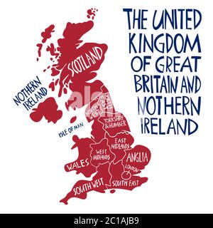 Vektor Hand gezeichnet stilisierte Karte des Vereinigten Königreichs. Reisedarstellung der Regionen Großbritanniens. Handgezeichnete Beschriftung. Europa Karte elemen Stock Vektor