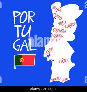 Vektor Hand gezeichnet stilisierte Karte von Portugal. Reisebilder von Städten der Portugiesischen Republik mit Namen. Handgezeichnete Beschriftung. Europa ma Stock Vektor