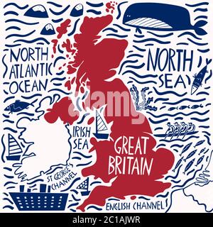 Vektor Hand gezeichnet stilisierte Karte des Vereinigten Königreichs. Reisedarstellung von Großbritannien Nachbarländern und Wassernamen. Handgezeichnete Schriftzüge Stock Vektor