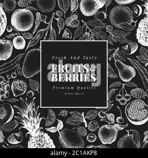 Handgezeichnete Vorlage für Obst und Beeren. Vektor Früchte Illustrationen auf Kreidetafel. Retro-Food-Hintergrund Stock Vektor