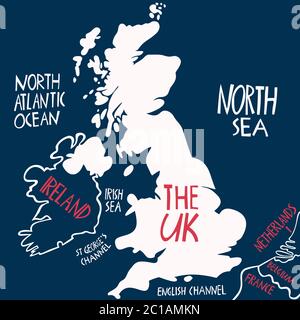 Vektor Hand gezeichnet stilisierte Karte des Vereinigten Königreichs. Reisedarstellung von Großbritannien Nachbarländern und Wassernamen. Handgezeichnete Schriftzüge Stock Vektor