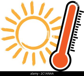 Symbol für Sommerhitze oder Symbol, Thermometer und Sonnenvektor Stock Vektor