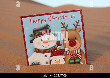 Weihnachtskarte in Wüstensanddüne. Frohe Weihnachten/Frohe Weihnachten/Weihnachten//Frohe Feiertage/Frohe Weihnachten/Frohe Weihnachten/Festliche/Wüste/sa Stockfoto