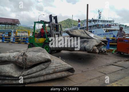 Karangasem, Bali, Indonesien. Juni 2020. Ein Gabelstapler verlegt marine Gummiairbags, die von Surabaya, Java Insel, zum Dock gebracht wurden. Passagierfähre (KMP) Dharma Rucitra III von Lombok Insel, die am 13. Juni im Padang Bai Hafen, Bali, gekentert wurde, noch während Evakuierungsversuch. Kredit: Dicky Bisinglasi/ZUMA Wire/Alamy Live Nachrichten Stockfoto