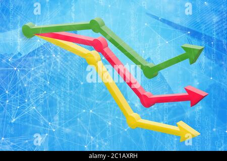 3D-Illustration, die mit Geschäftsgebäude und Aktiendiagramm. Symbol Pfeil nach oben, mit Stock Graph Hintergrund, Konzept Geschäft und Investitionen, Stock mar Stockfoto