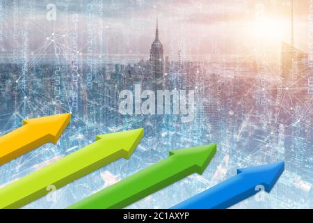 3D-Illustration, die mit Geschäftsgebäude und Aktiendiagramm. Symbol Pfeil nach oben, mit Stock Graph Hintergrund, Konzept Geschäft und Investitionen, Stock mar Stockfoto