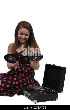 Frau mit Vinyl 45 aufzeichnen Stockfoto