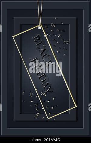 Schwarzer Freitag Text von schwarzen Buchstaben auf schwarzem Hintergrund mit Rahmen und Gold Konfetti, vertikales Banner, Design-Vorlage. Kopierbereich, kreativer Hintergrund. 3D-Illustration Stockfoto