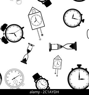 Hintergrund der Zeit. Schwarzes, flaches Nahtmuster Stock Vektor