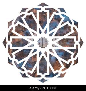 Alte runde Arabeske isoliert auf weißem Hintergrund. Geometrisches Arabeske Zierelement Stockfoto