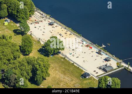 Luftaufnahme, Seestrand Baldeney, Essen, Ruhrgebiet, Nordrhein-Westfalen, Deutschland, Corona Maßnahmen, DE, Erlebnisbad, Europa, Ruhr, Stockfoto