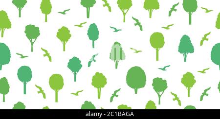 Nahtloses Muster aus Silhouetten von grünen Bäumen und Vögeln. Ökologisches Konzept und Umweltschutz. Isoliert auf weißem Hintergrund. Vektor-il Stock Vektor