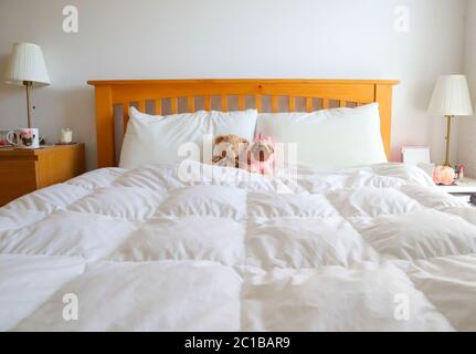 Zwei Teddys im Bett, mit weißer Bettwäsche, in einem hellen, luftigen Schlafzimmer Stockfoto